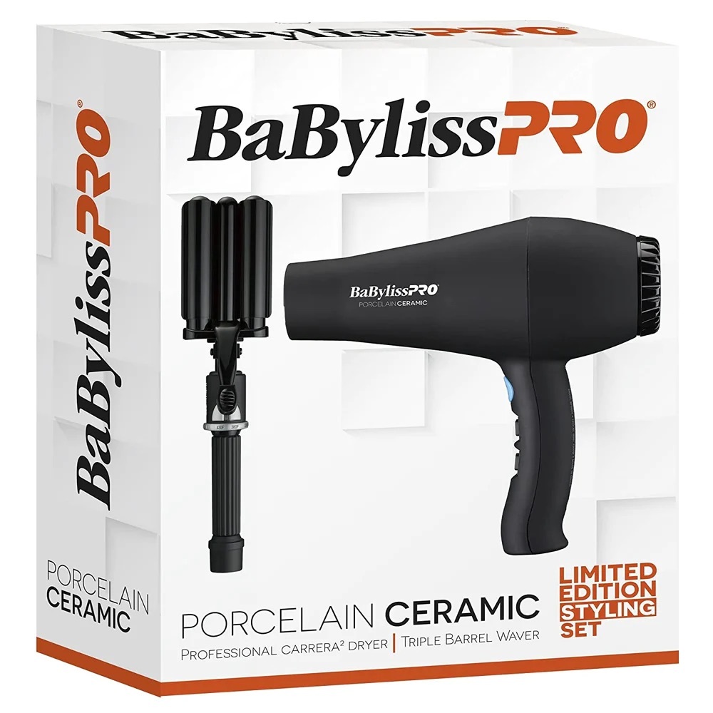 BaByliss PRO Porcelain Ceramic Triple Barrel Waver & Carrera2 Hair dryer set